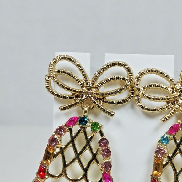 Isles & Stars Christmas Bell Drop Earrings Gold Tone Metal Plastic Rhinestones - Picture 10 of 16